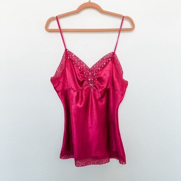 Y2K One Step Up Beaded Lace Cami‎ Dark Pink Size Large Coquette Fairy Glam - Picture 1 of 9